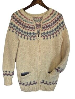 Hand Knit Wool Nordic Fair Isle Full Zip Sweater Large